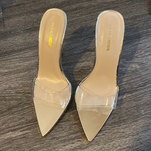 FN clear mules size 6 (gold base/clear strap)